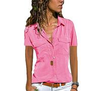 Womens Short Sleeve Button Down Shirt with Pockets V Neck Collared Plain Tops Summer Office Blouse\