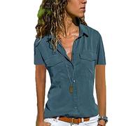 Womens Short Sleeve Button Down Shirt with Pockets V Neck Collared Plain Tops Summer Office Blouse\