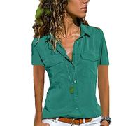 Womens Short Sleeve Button Down Shirt with Pockets V Neck Collared Plain Tops Summer Office Blouse\