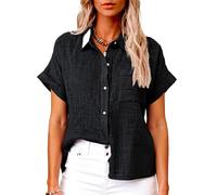 Women's Short Sleeve Linen Shirt Casual Button Down Blouse Loose Fit Solid Color Summer Tops Beach Vacation Outfits Lightweight Breathable Cotton Top