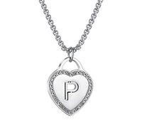 Women's Silver Initial Necklace Stainless Steel Love Heart Tiny Letter Necklace Personalized Name Jewelry for Girlfriend Gift Alphabet Letter P