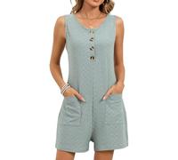Women's Sleeveless Button Down Romper Casual Textured Jumpsuit with Pockets Loose Fit Summer Beach Vacation One Piece Outfit Navy Blue