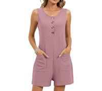 Women's Sleeveless Button Down Romper Casual Textured Jumpsuit with Pockets Loose Fit Summer Beach Vacation One Piece Outfit Navy Blue