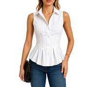Women's Sleeveless Button Down Shirt Collared Peplum Top Fitted Corset Style Blouse Casual Business Work Wear Summer Elegant Black Vest