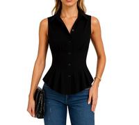 Women's Sleeveless Button Down Shirt Collared Peplum Top Fitted Corset Style Blouse Casual Business Work Wear Summer Elegant Black Vest