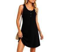 Women's Sleeveless Henley Button Down Mini Dress Summer Casual Solid Color Swing T-Shirt Dress with Pockets Loose Fit Beach Vacation Outfit Black