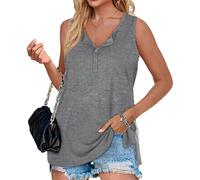 Women's Sleeveless Henley Tank Top V-Neck Button Down Loose Fit Casual Summer Tee with Side Slit Soft Cotton Blend Shirt for Daily Wear