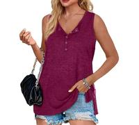 Women's Sleeveless Henley Tank Top V-Neck Button Down Loose Fit Casual Summer Tee with Side Slit Soft Cotton Blend Shirt for Daily Wear