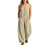 Women's Sleeveless Linen Cotton Jumpsuit V Neck Button Down Loose Fit Casual Summer Romper with Pockets Beach Vacation Outfit Black