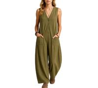 Women's Sleeveless Linen Cotton Jumpsuit V Neck Button Down Loose Fit Casual Summer Romper with Pockets Beach Vacation Outfit Black