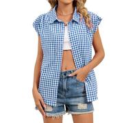 Women's Sleeveless Plaid Shirt Green Gingham Button Down Top Summer Casual Loose Fit Blouse Vacation Beach Outwear with Rolled Cuffs