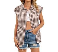 Women's Sleeveless Plaid Shirt Green Gingham Button Down Top Summer Casual Loose Fit Blouse Vacation Beach Outwear with Rolled Cuffs