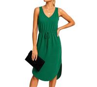 Women's Sleeveless V Neck Summer Dress Casual Drawstring Waist Midi Dress with Pockets Solid Color Loose Fit Beach Vacation Sundress for Ladies