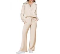 Women's Solid Color Cotton Half Zip Two-Piece Set, 2025 New Soft Casual Cotton Sweatsuits Oversize Women 2 Piece Outfit Set (S,Apricot)