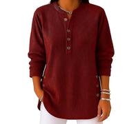 Women's Solid Color Crew Neck Long Sleeve Casual Loose Knit Pullover - Button Front Cardigan Style Sweater,Everyday Top (Red,XL)