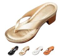 Women's Solid Color Summer Chunky Heel Sandals, Slip on Open Toe Square Toe Comfortable Heeled Sandals for Women(Gold,42 EU)