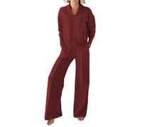 Women's Solid Color V - Neck Top And Pants Two Piece Set,Fall Long Sleeve Sweatshirt Wide Leg Tracksuit Lounge Outfit z3