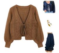 Women's Solid Drop Shoulder Tie Front Cardigan,V Neck Knit Bow Cropped Cardigan Sweaters,Comfort Casual Long Sleeve Knit Coat (IT, Testo, S, Regular, Regular, Brown)