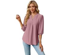 Women's Solid V-Neck Jacquard Textured 3/4 Sleeve Puff Sleeve Loose Fit Tunic Blouse Top for Casual Work Daily Wear Spring Summer