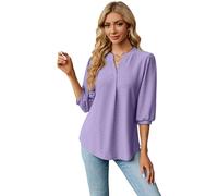 Women's Solid V-Neck Jacquard Textured 3/4 Sleeve Puff Sleeve Loose Fit Tunic Blouse Top for Casual Work Daily Wear Spring Summer