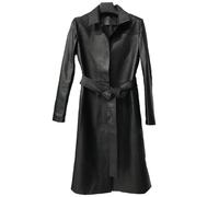 Women's Solid Windbreaker Slim Fit Mid-Length Trench Coat Long Faux Leather Casual Jacket Outerwear with Belt Button(Nero,L)