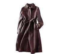 Women's Solid Windbreaker Slim Fit Mid-Length Trench Coat Long Faux Leather Casual Jacket Outerwear with Belt Button(Claret,M)