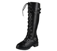 Women's Square Heel Lace Up Belt Buckle Long Knight Boots Low Heel Solid Color Leather Knee Boots