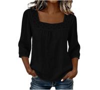 Womens Square Neck Blouse Lace Trim Three Quarter Sleeve Casual Top (Black,M)