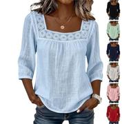 Womens Square Neck Blouse Lace Trim Three Quarter Sleeve Casual Top (Blue,M)