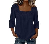 Womens Square Neck Blouse Lace Trim Three Quarter Sleeve Casual Top (Navy,3XL)