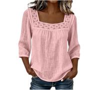 Womens Square Neck Blouse Lace Trim Three Quarter Sleeve Casual Top (Pink,L)