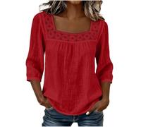 Womens Square Neck Blouse Lace Trim Three Quarter Sleeve Casual Top (Red,3XL)