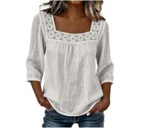 Womens Square Neck Blouse Lace Trim Three Quarter Sleeve Casual Top (White,M)