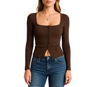 Women's Square Neck Long Sleeve Ribbed Knit Top Slim Fit Button Down Crop Shirt Casual Y2K Basic Tee Solid Color Fall Winter Inner Wear Blouse