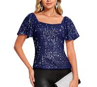 Women's Square Neck Sequin Top Short Puff Sleeve Sparkly Blouse Rose Gold Glitter Shirt for Party Club Night out Cocktail Dressy Casual