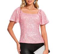 Women's Square Neck Sequin Top Short Puff Sleeve Sparkly Blouse Rose Gold Glitter Shirt for Party Club Night out Cocktail Dressy Casual