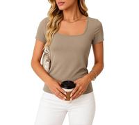 Women's Square Neck Short Sleeve T Shirt Basic Fitted Tee Tops Casual Summer Solid Color Slim Fit Blouse for Daily Wear Work Office Outfit Soft Stretchy