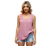 Women's Square Neck Sleeveless Tank Top Casual Eyelet Embroidered Loose Fit Blouse Summer High Low Hem Tunic Shirt for Vacation Beach