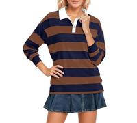 Womens Striped Long Sleeve T Shirt Flip Collar Loose Fit Casual Top Soft Comfortable Basic Blouse Autumn Winter Office Travel Everyday Wear, 09-Brown, M
