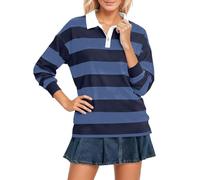 Womens Striped Long Sleeve T Shirt Flip Collar Loose Fit Casual Top Soft Comfortable Basic Blouse Autumn Winter Office Travel Everyday Wear, 03-Dark Blue, M