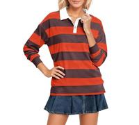 Womens Striped Long Sleeve T Shirt Flip Collar Loose Fit Casual Top Soft Comfortable Basic Blouse Autumn Winter Office Travel Everyday Wear, 11-Orange, S