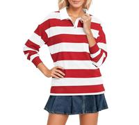 Womens Striped Long Sleeve T Shirt Flip Collar Loose Fit Casual Top Soft Comfortable Basic Blouse Autumn Winter Office Travel Everyday Wear, 04-White, M