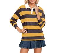 Womens Striped Long Sleeve T Shirt Flip Collar Loose Fit Casual Top Soft Comfortable Basic Blouse Autumn Winter Office Travel Everyday Wear, 12-Yellow, L
