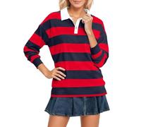 Womens Striped Long Sleeve T Shirt Flip Collar Loose Fit Casual Top Soft Comfortable Basic Blouse Autumn Winter Office Travel Everyday Wear, 05-Red, S