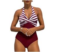 Women's Striped Patchwork One Piece Swimsuits V Neck Twist Front Tummy Control Bathing Suit 2026 Summer Beach Swimwear Blue(Wine,X-Large)
