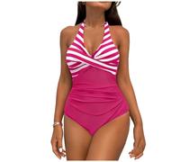 Women's Striped Patchwork One Piece Swimsuits V Neck Twist Front Tummy Control Bathing Suit 2026 Summer Beach Swimwear Blue(Hot Pink,S)