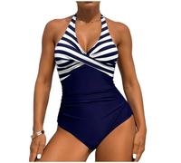 Women's Striped Patchwork One Piece Swimsuits V Neck Twist Front Tummy Control Bathing Suit 2026 Summer Beach Swimwear Blue(Dark Blue,X-Large)