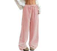 Womens Striped Wide Leg Pants Elastic Drawstring Waist (Red,L)
