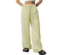 Womens Striped Wide Leg Pants Elastic Drawstring Waist (Yellow,M)