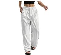 Womens Striped Wide Leg Pants High Waisted Flowy Trousers with Pockets | Soft Draped Silhouette Practical Side Pockets Front Pleats Long Flowing Leg Clean Stripe Detail Easy Everyday Pairing